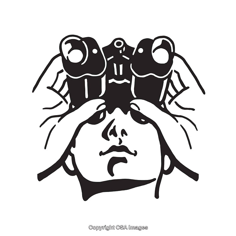 Black and White Illustration of a Person Viewing Through Binoculars