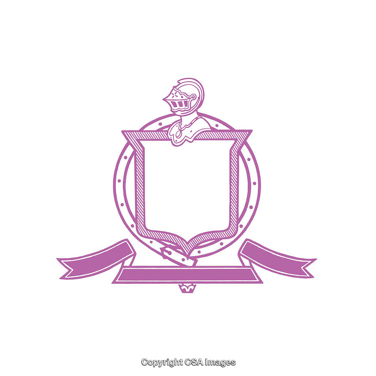 Purple Heraldic Emblem with Shield and Decorative Ribbon on White Background