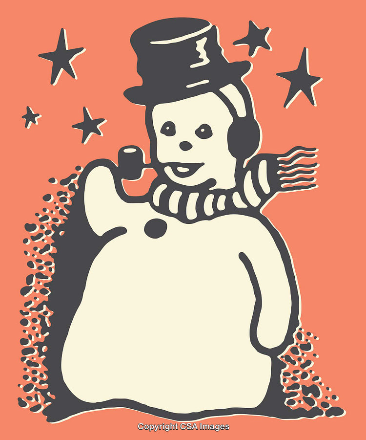 Colorful Illustration of Snowman with Top Hat and Scarf in Winter Scene