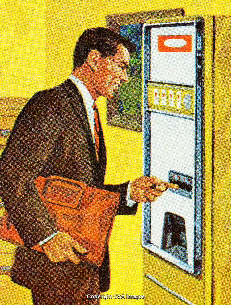 Retro Illustration of Businessman Using a Vintage Vending Machine