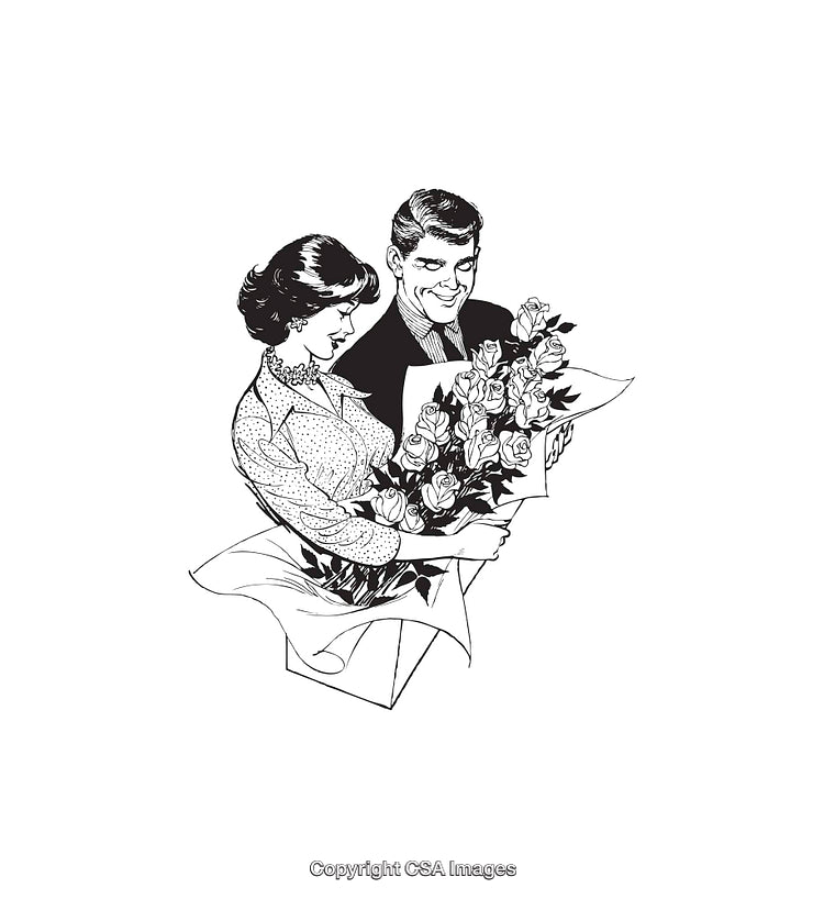 Retro Illustration of a Couple Receiving a Beautiful Floral Arrangement