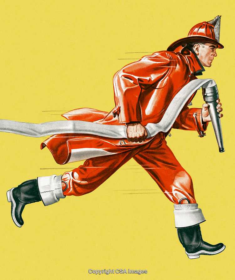 Firefighter Rushing with Hose on Yellow Background in Action Scene