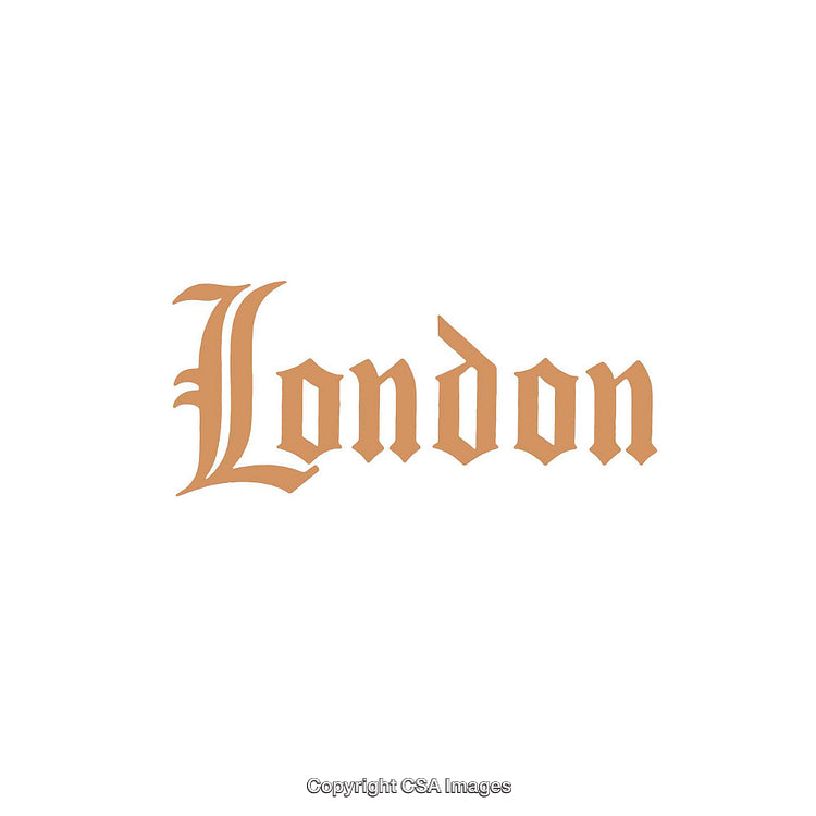 Classic London Text in Ornate Brown Lettering on White Background