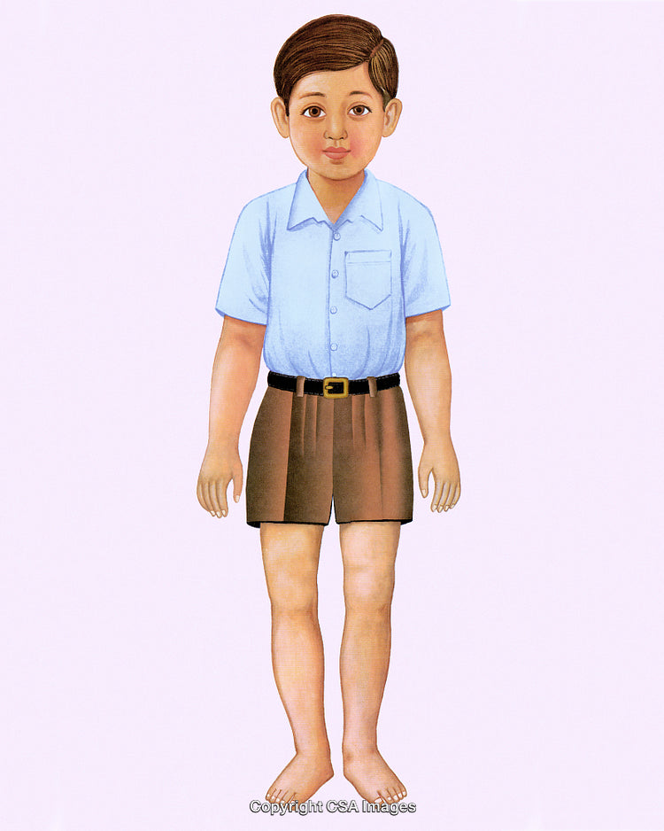 Illustration of a Young Boy in a Blue Shirt and Brown Shorts