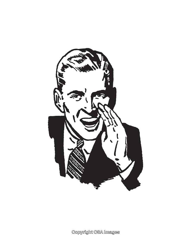 Retro Black and White Line Art of a Whispering Businessman
