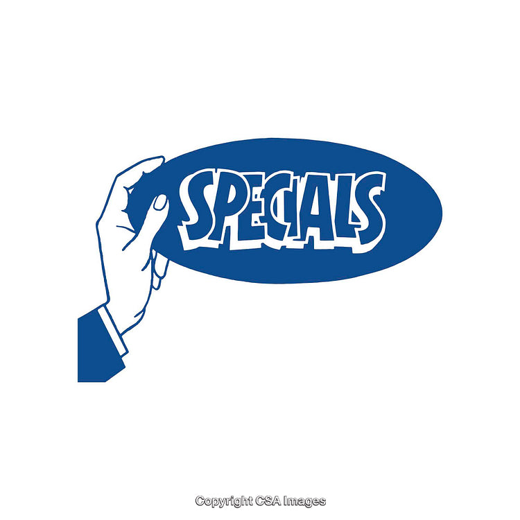 Hand Holding Specials Sign in Blue Cartoon Comic Style Design