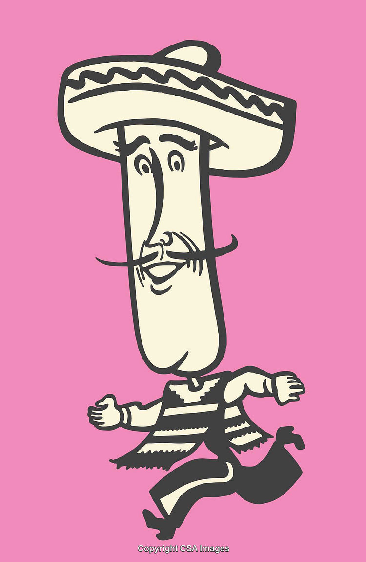 Whimsical Cartoon Character With Hat and Poncho on Pink Background