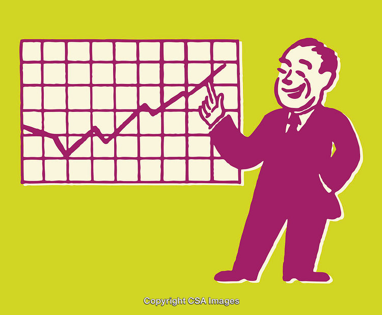 Retro Illustration of Businessman Presenting Graph on Bright Background