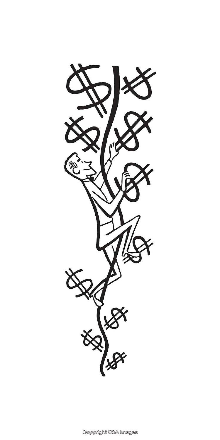Man Climbing a Rope of Dollar Signs in Black and White Line Art