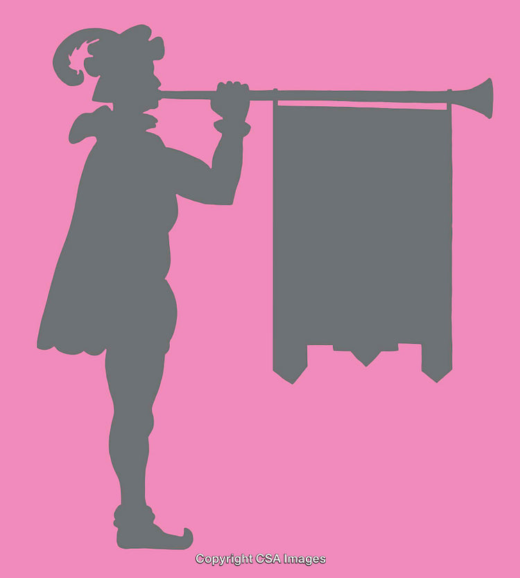 Silhouette of a Medieval Herald Trumpeting a Banner Against a Pink Background