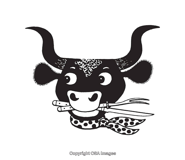 Whimsical Black and White Cow Line Art with Utensils