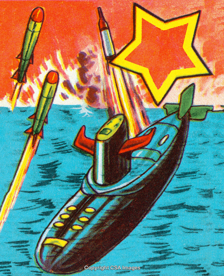 Explosive Submarine Launch with Colorful Missiles and Striking Background Effects