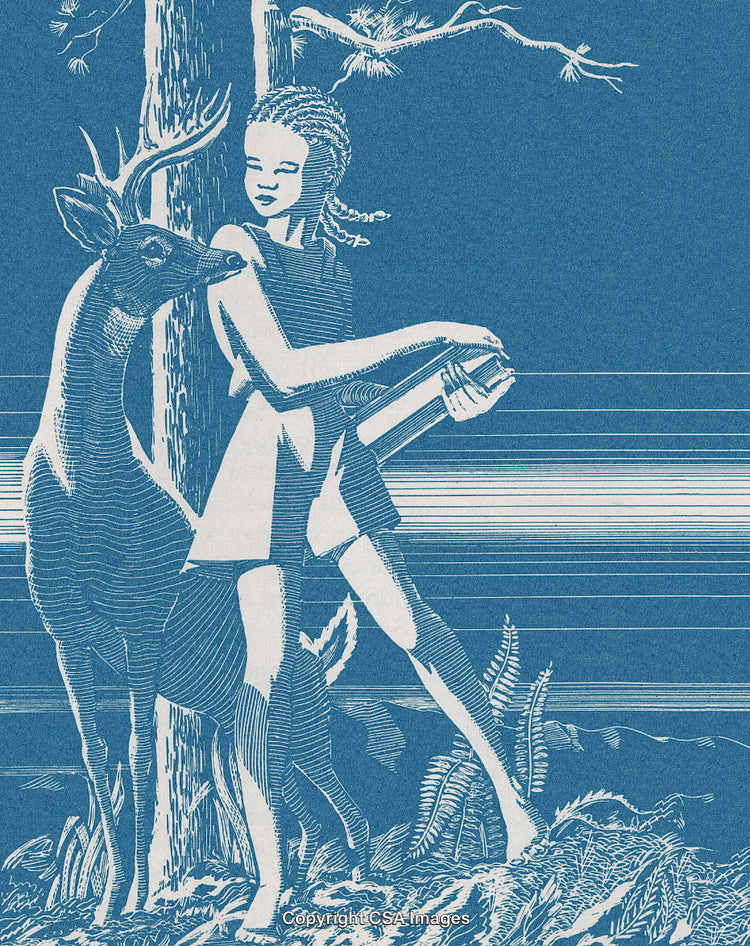 Stylized Illustration of a Girl with a Deer in a Forest Scene