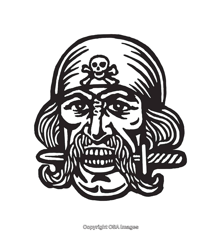 Black and White Pirate Illustration with Skull Bandana and Fierce Expression