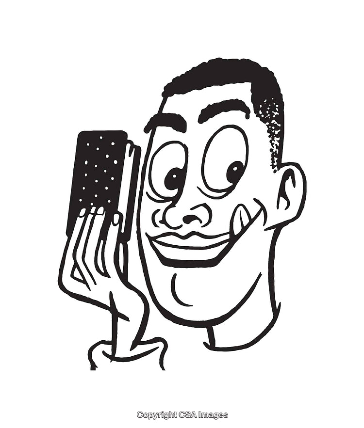 Comic Style Black And White Line Art of a Smiling Person Holding a Object