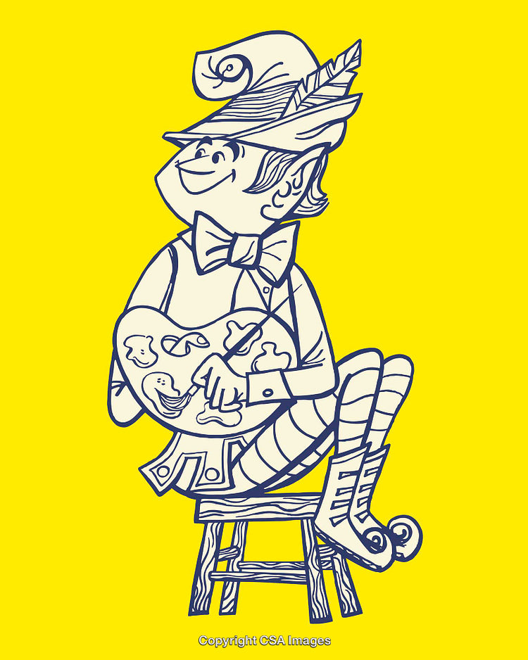 Whimsical Elf Artist Painting with Bright Yellow Background Illustration