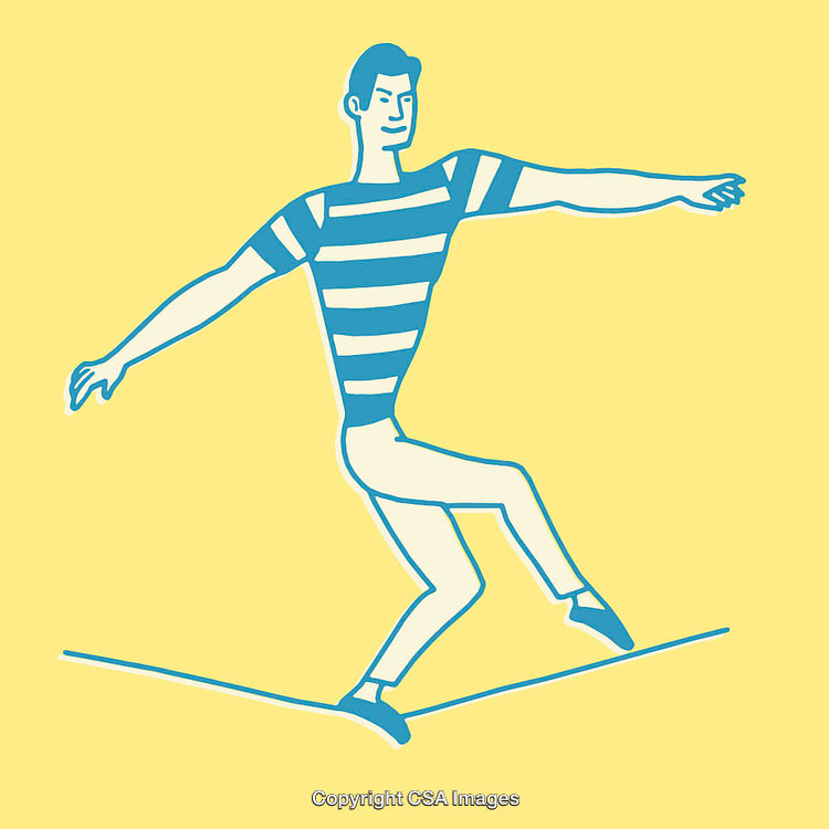 Balancing Line Art Illustration of a Tightrope Walker on Vibrant Background