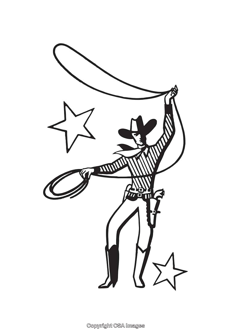 Black and White Illustration of a Cowboy Performing a Lasso Trick