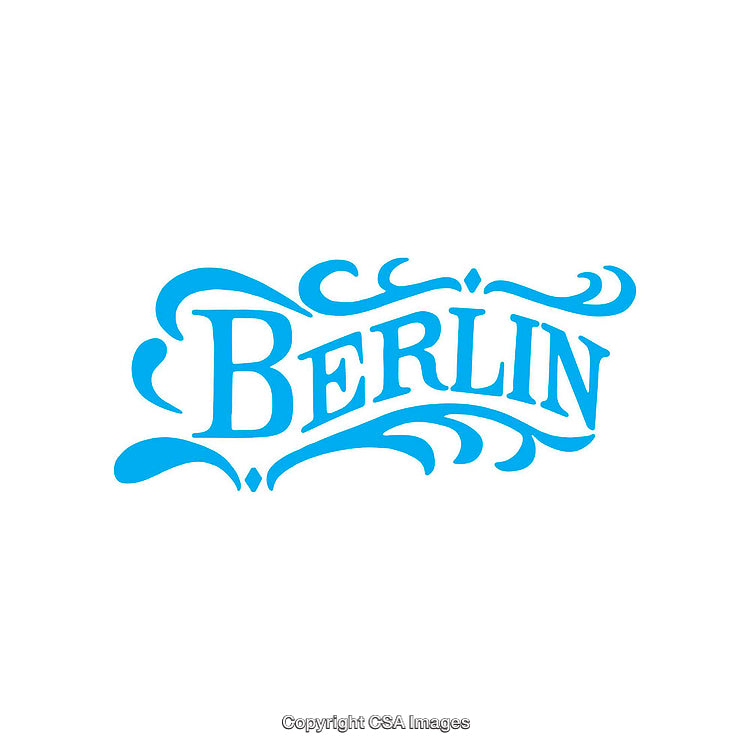 Stylized Blue Berlin Text with Decorative Design Elements on White Background