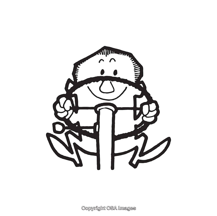 Black and White Illustration of a Smiling Character Driving a Steering Wheel