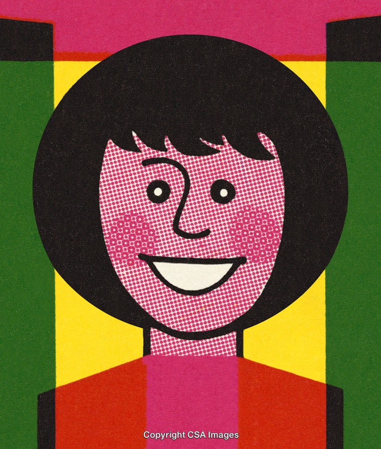 Colorful Pop Art Style Illustration of a Smiling Woman on Bright Background