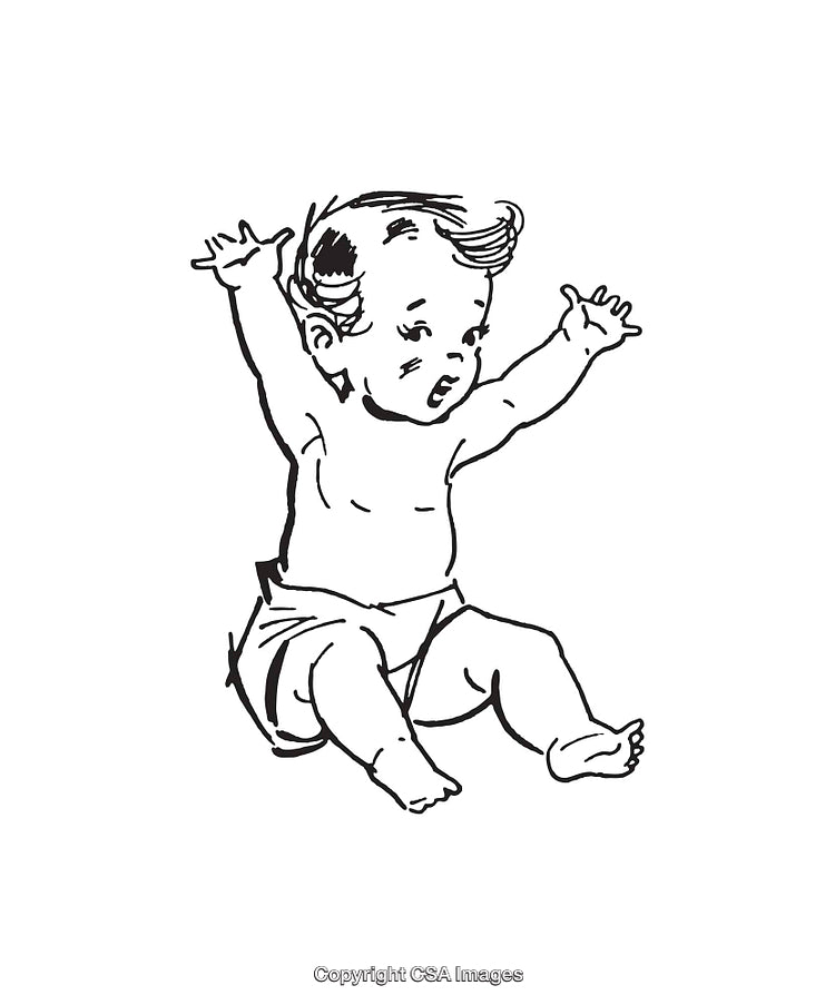 Black And White Line Art Illustration of a Happy Sitting Infant