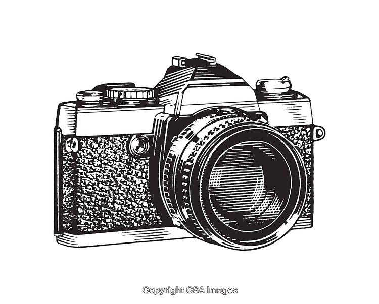 Detailed Black and White Line Art of a Vintage Camera