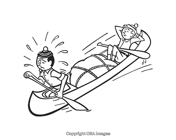 Humorous Canoeing Illustration Featuring Two Opposites in Black and White