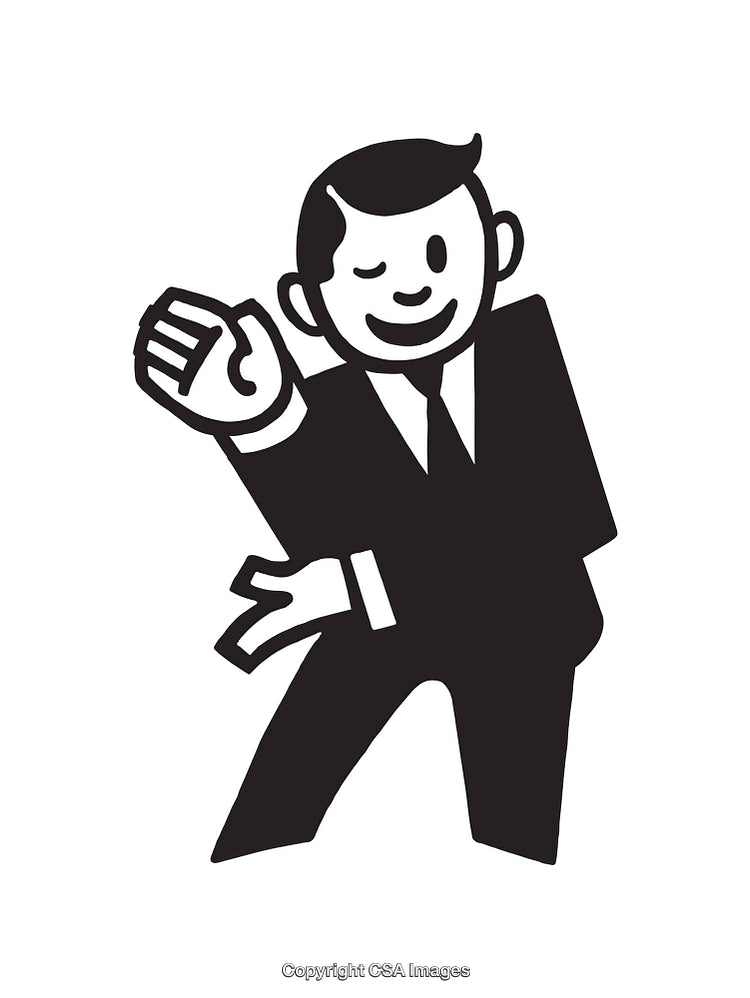 Playful Black And White Illustration of a Winking Businessman Gesturing