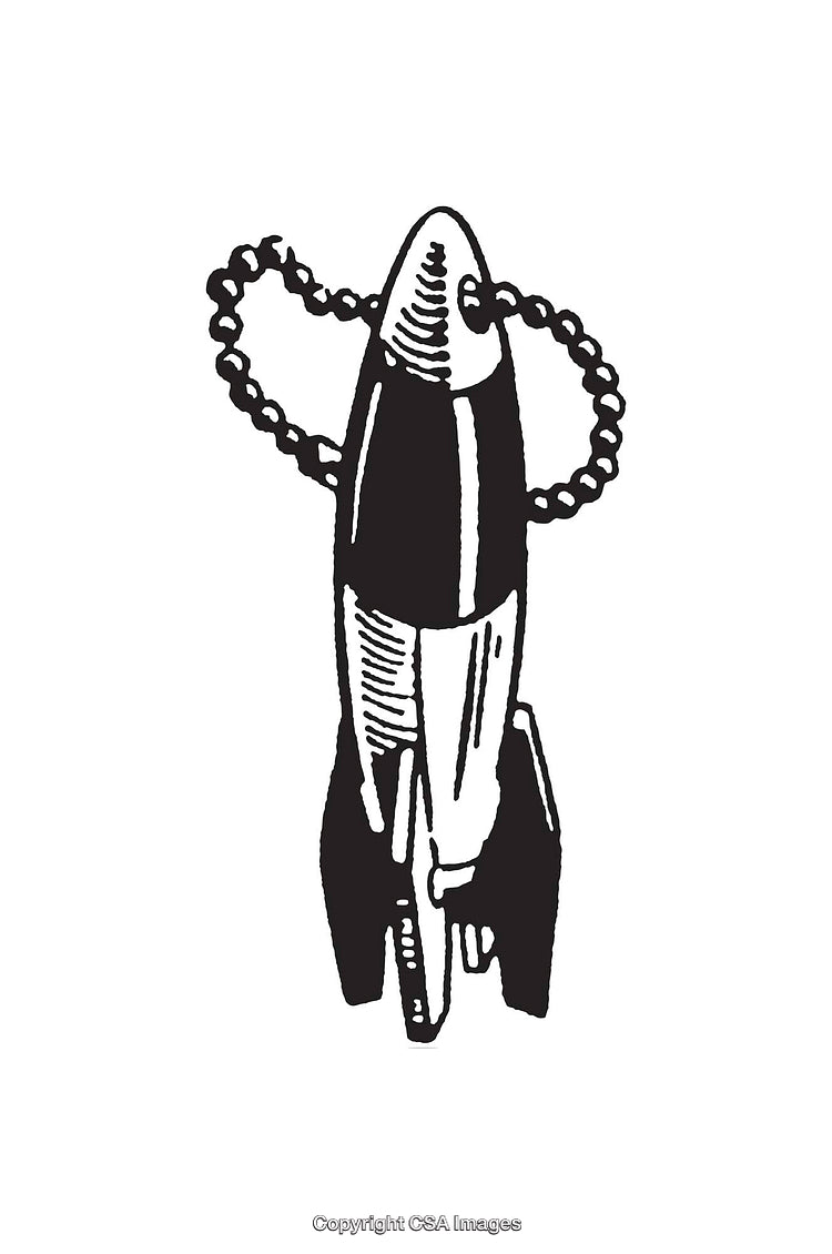 Retro Black and White Line Art Illustration of a Rocket in Profile