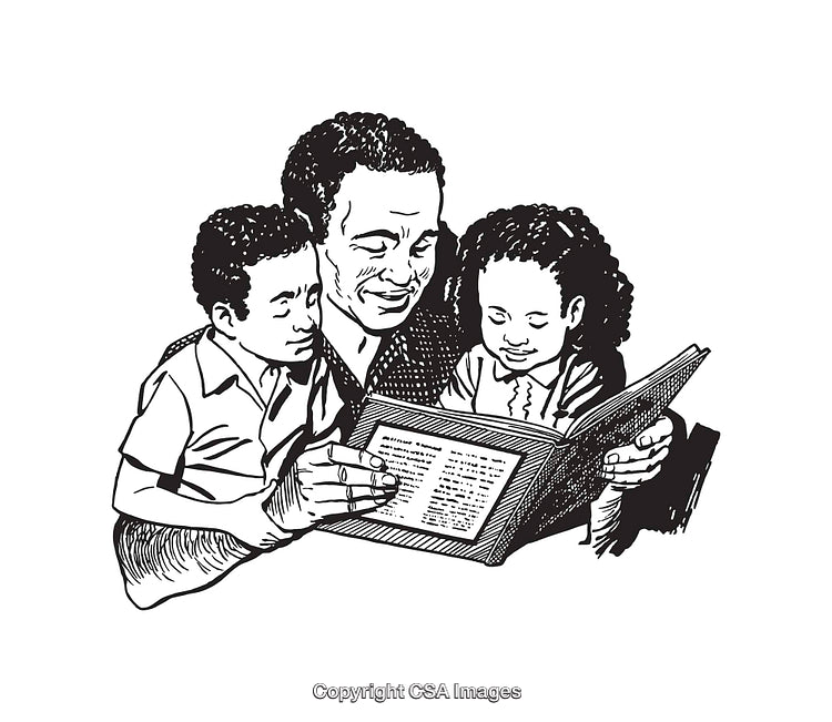 Black and White Illustration of a Parent Reading With Two Children