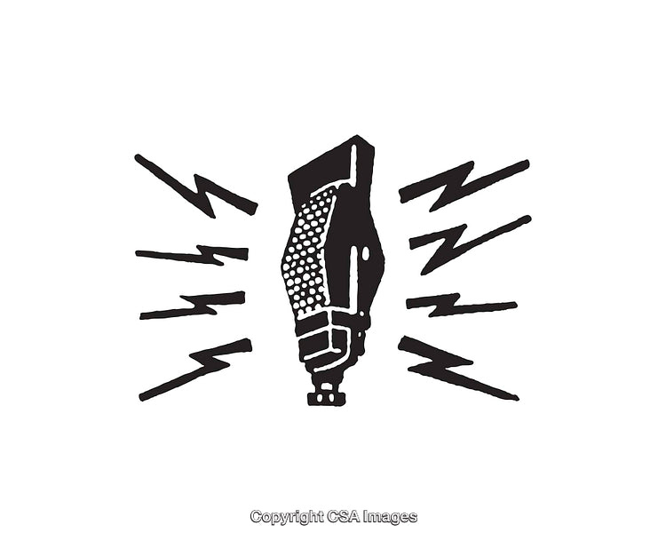 Retro Black and White Microphone Illustration with Lightning Accents