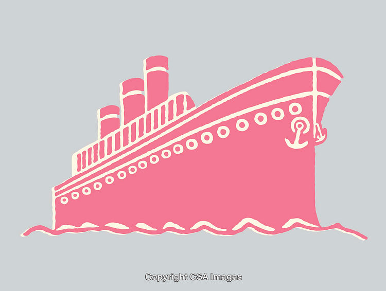 Illustration of a Pink Ocean Liner on a Calm Gray Background
