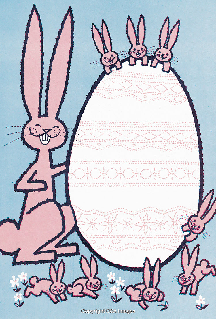 Happy Pink Bunnies Around a Decorative Easter Egg Illustration