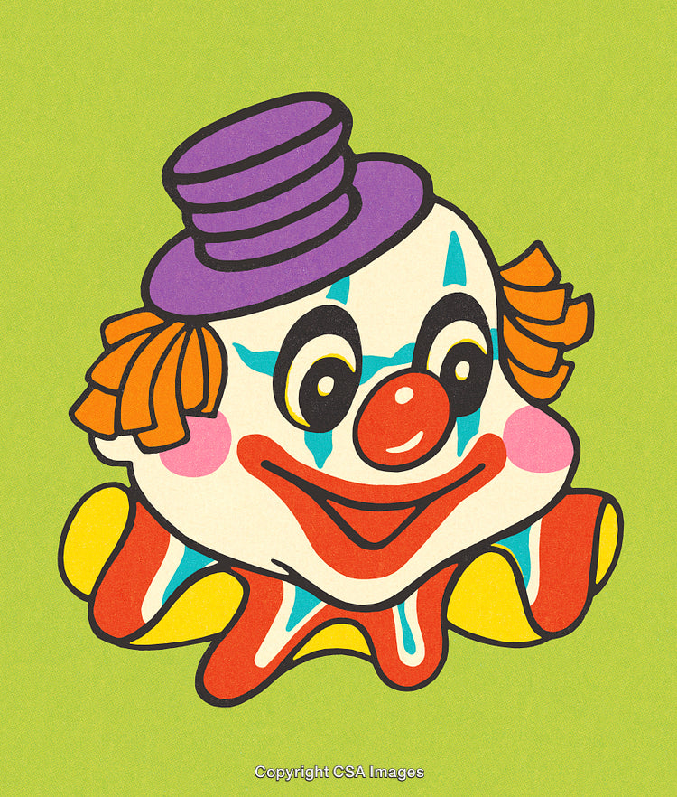 Colorful Cartoon Clown Illustration with Green Background and Playful Expression