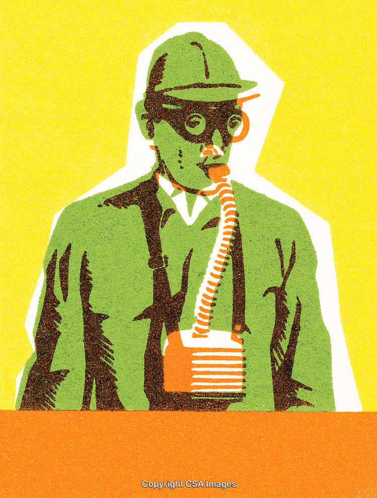 Vintage Artwork Depicting Man Wearing a Gas Mask with a Yellow Background