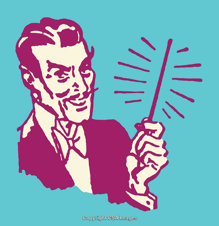 Retro Color Line Art of Man Holding Pointing Stick with Smile