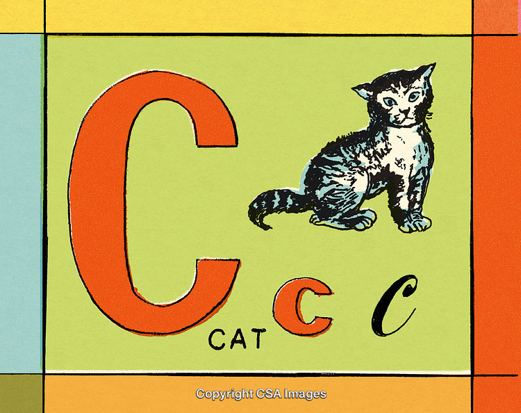 Illustrated Alphabet Card Featuring the Letter C and a Cat Drawing