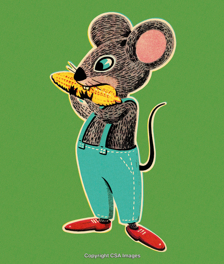 Cartoon Mouse Eating Corn in Overalls on a Green Background