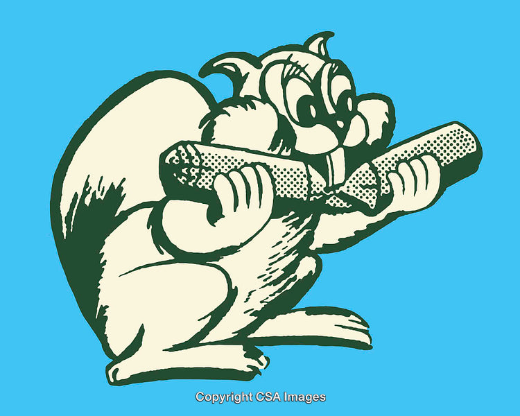 Cartoon Squirrel Chewing a Log on Vibrant Blue Background