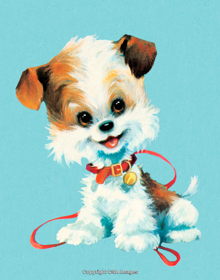 Adorable Illustrated Puppy with Collar and Leash on Blue Background
