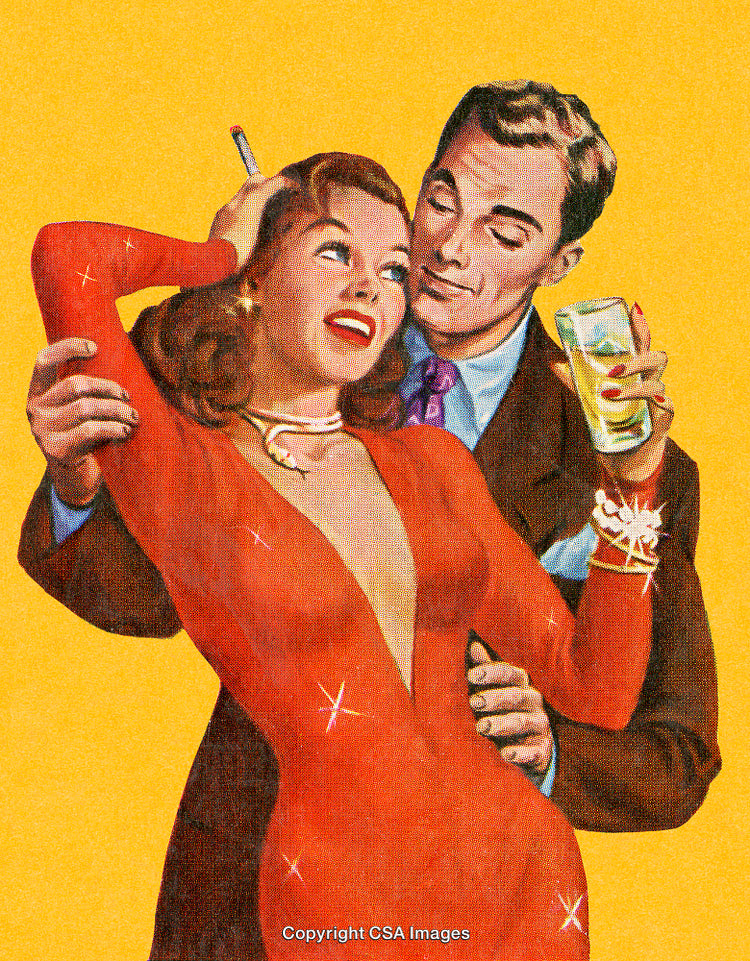 Vintage Illustration of a Smiling Couple in Retro Attire on Yellow Background