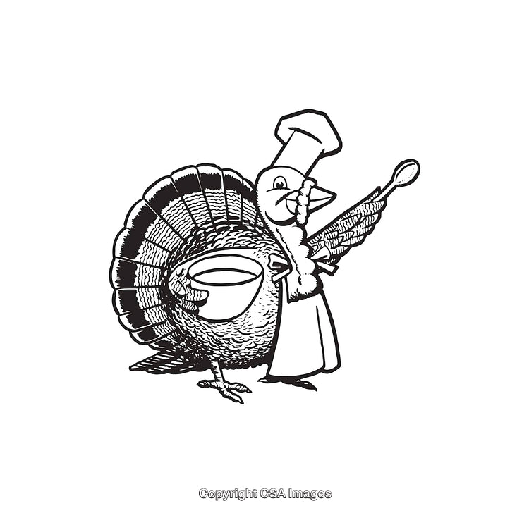 Chef Turkey Illustration with Spoon and Bowl in Black and White Line Art