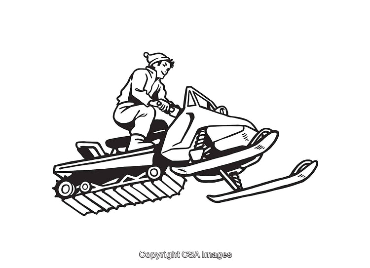 Black and White Line Art of a Snowmobiler Riding Through Snow
