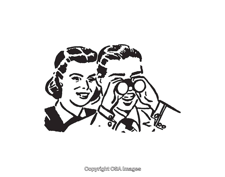 Retro Black and White Illustration of a Happy Couple Observing with Binoculars