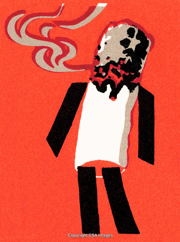 Abstract Artwork Depicting a Human-Like Cigarette Figure on Bold Red Background