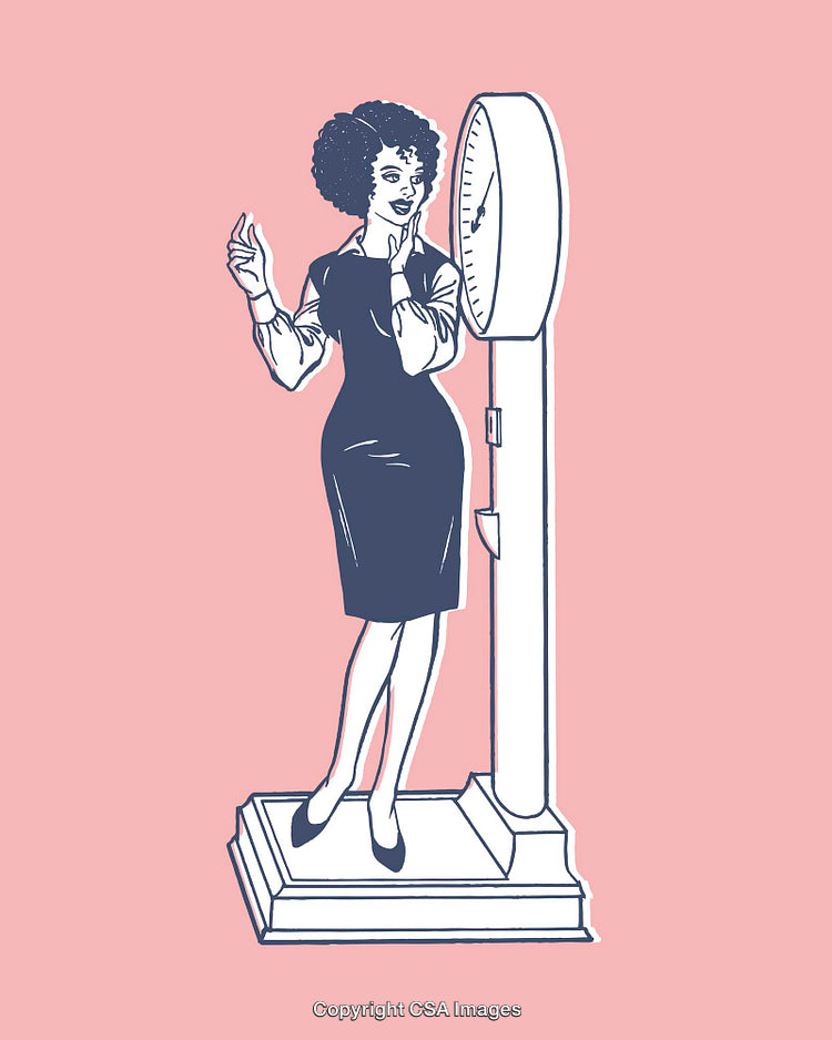 Stylish Woman Weighing Herself on a Retro Scale, Pink Background