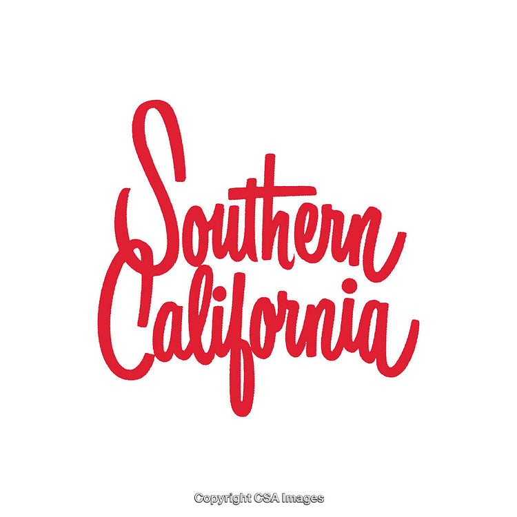Red Handwritten Southern California Text Artwork on White Background