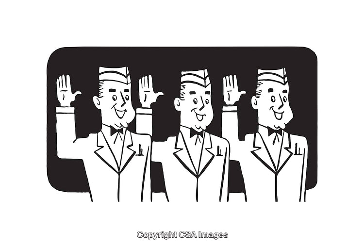 Retro Black and White Line Art of Three Friendly Cartoon Figures Saluting