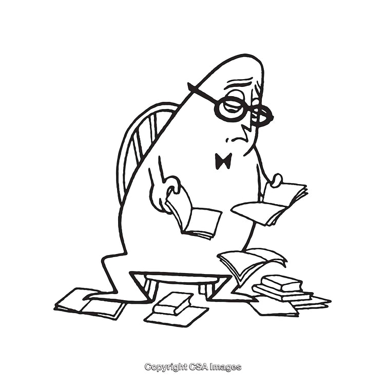 Line Art Illustration of a Person Sitting Among Books in Thought